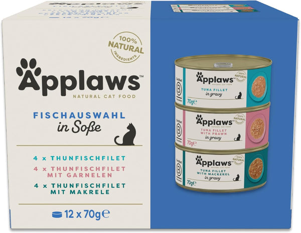 Applaws 100 % hrană umedă naturală pentru pisici adulte, sortiment de pește în sos Multipack, cutii de 12 × 70 g