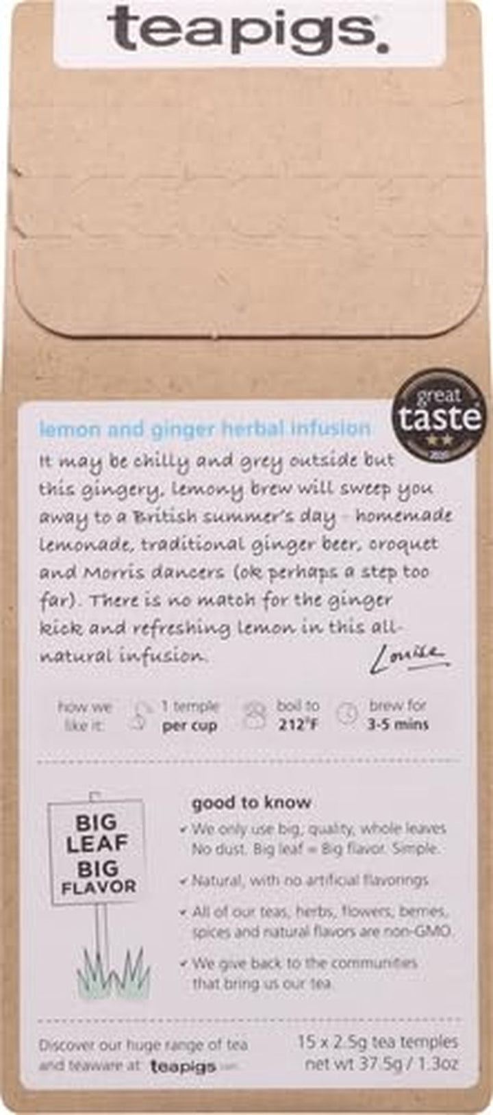 Lemon & Ginger Herbal Tea Bags Made with Whole Leaves (1 Pack of 15 Tea Bags) (520) Tea USA Naty Shop