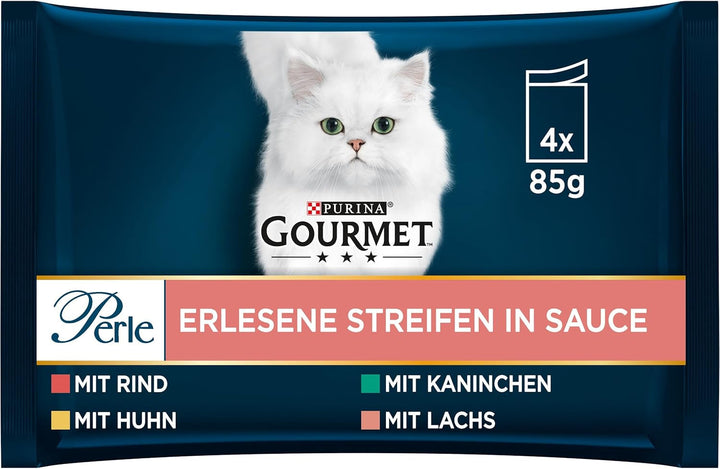 Gourmet Perle Exquisite Strips Hrană umedă pentru pisici, Variety Mix, pachet de 12 (12 X 4 pungi a 85G)