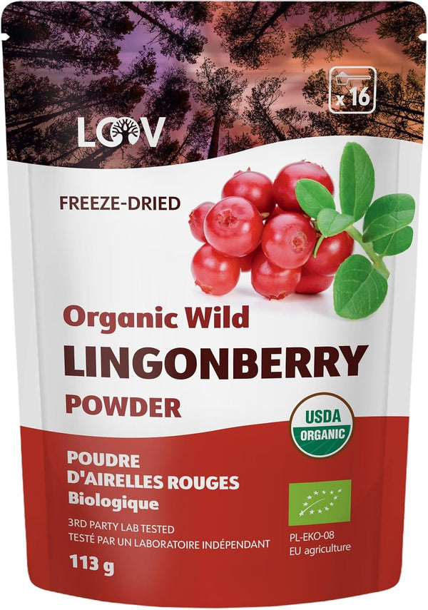 LOOV pulbere organică de afine, fabricată din afine sălbatice 100% întregi, liofilizate, recoltate în pădurile din nordul Europei, 113 g, fără zahăr adăugat Produse deshidratate Naty Shop 113 G Pulbere de merișor