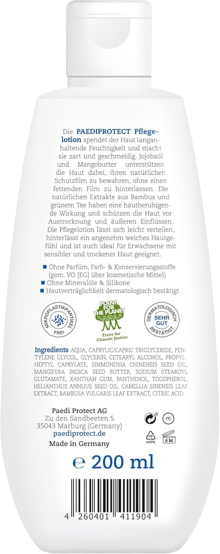 PAEDIPROTECT loțiune de îngrijire pentru bebeluși și copii 200 ml, loțiune de îngrijire cu pantenol, îngrijire hidratantă cu ulei de jojoba și unt de mango, pentru pielea sensibilă și uscată a bebelușilor și copiilor, loțiune vegană Copii - Baie si Skincare Naty Shop