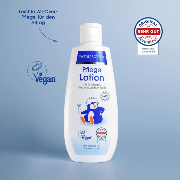 PAEDIPROTECT loțiune de îngrijire pentru bebeluși și copii 200 ml, loțiune de îngrijire cu pantenol, îngrijire hidratantă cu ulei de jojoba și unt de mango, pentru pielea sensibilă și uscată a bebelușilor și copiilor, loțiune vegană Copii - Baie si Skincare Naty Shop