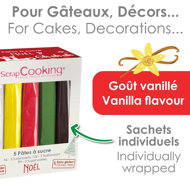 ScrapCooking - Set de 5 Fondant - alb, galben, roșu, verde și maro - 5 x 80g - pastă de zahăr pentru prăjituri Decorațiuni pentru torturi Ziua de naștere Crăciun - fără gluten și fără ulei de palmier - 7257 Pasta de zahar Naty Shop
