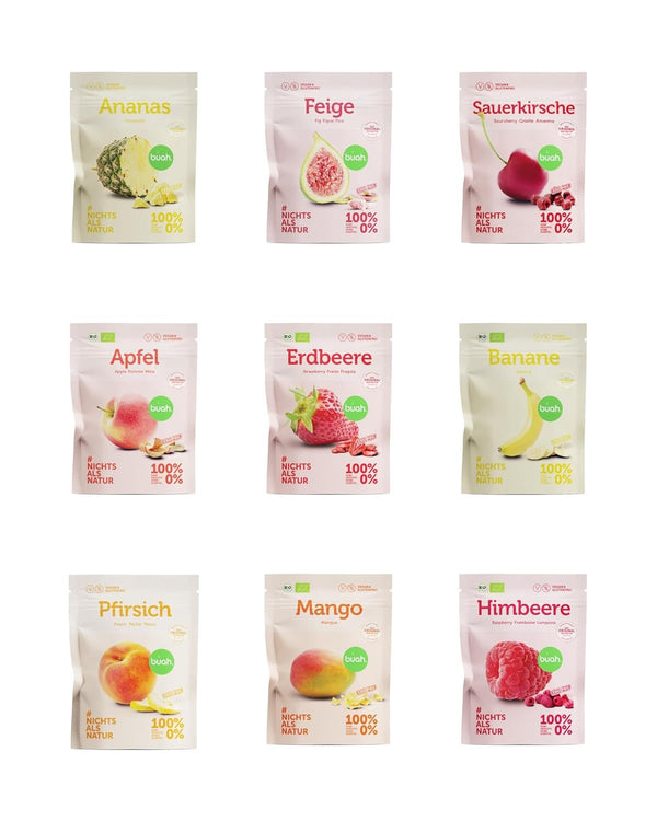Set de degustare de fructe liofilizate BUAH® | Gustare perfectă de chipsuri crocante din fructe | Alternativă de dulciuri fără zahăr adăugat, toppinguri pentru terci | Vegan Fără gluten Produse deshidratate Naty Shop Pachet de 9 (Nou)