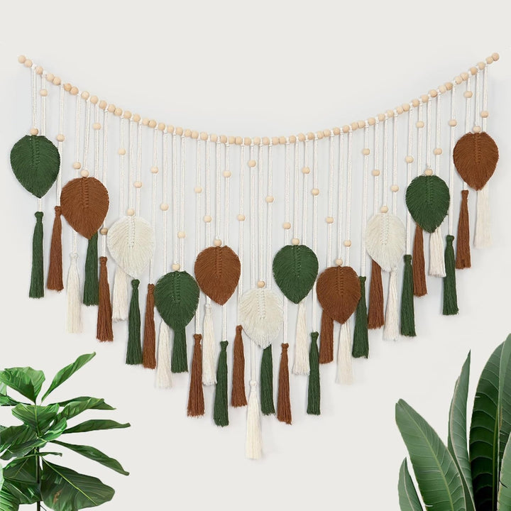 Tapiserie dremisland mare bej frunze verzi ciucure Casa - Accesorii si Decoratiuni Naty Shop Cafea