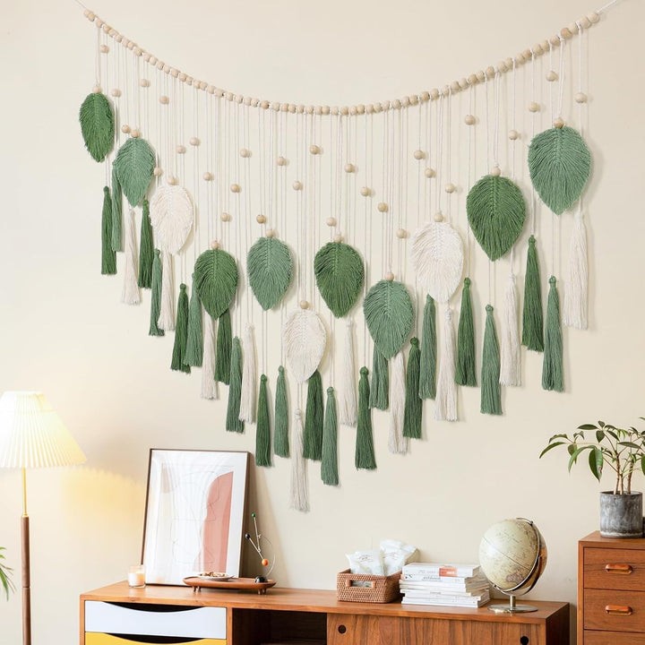 Tapiserie dremisland mare bej frunze verzi ciucure Casa - Accesorii si Decoratiuni Naty Shop