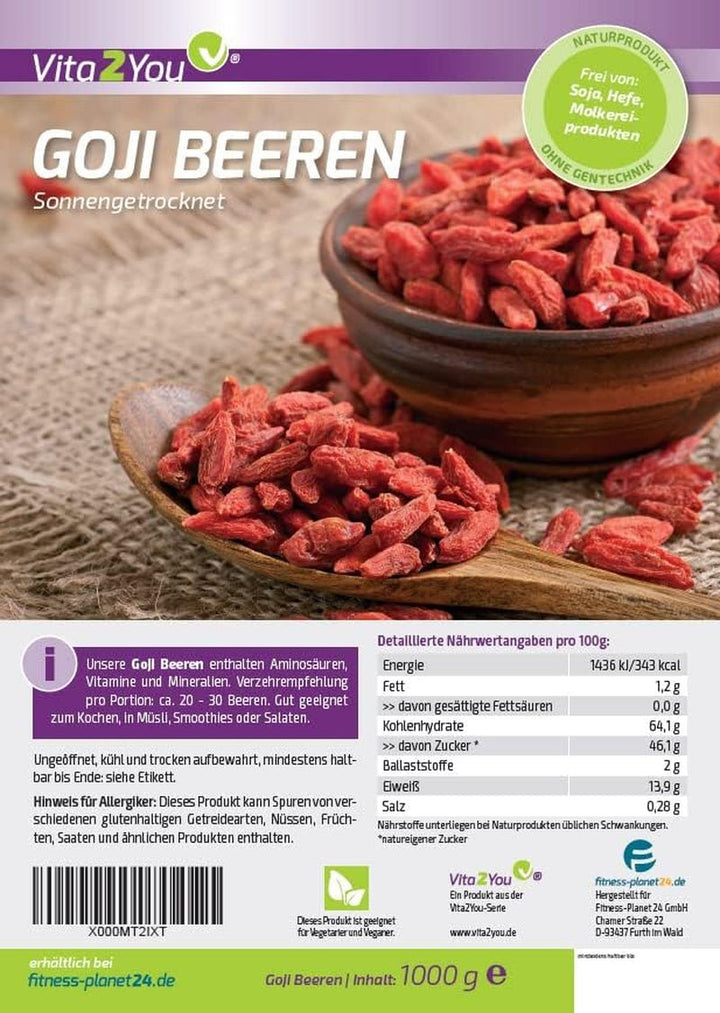 Vita2You Goji berries 1kg - wolfberries - uscate la soare - nesulfurate și fără aditivi - 1000g - zip bag - calitate premium Produse deshidratate Naty Shop